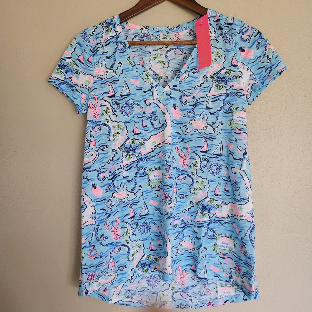NWT Lilly Pulitzer Womens‎ XS V Neck Shirt Lilly Loves Cape Cod Bali Blue